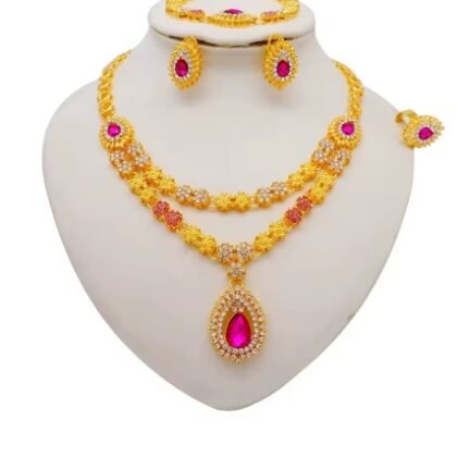 Luxury Dubai Gold Color Double Layered Necklace Jewelry Sets For Women African Water Drop Crystal Jewellery Set Gifts